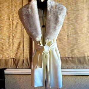 White House Black Market Cream Faux Fur Collar Coat